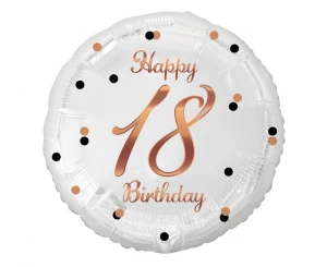 Balon foliowy 18 urodziny Happy 18 Birthday biały nadruk różowo-złoty 45 cm