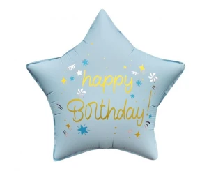 Balon foliowy Happy Birthday Gwiazda matowy jasnoniebieski 45 cm