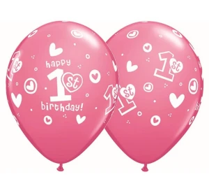 Balon QL 11" z nadr. "1st Happy Birthday", pastel różowy