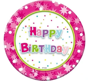 Talerzyki papierowe Happy Birthday różowe 18 cm 6 szt.