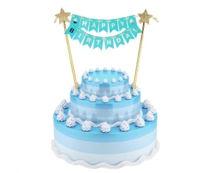 Dekoracja papierowa na tort Happy Birthday jasnoniebieska 25 cm