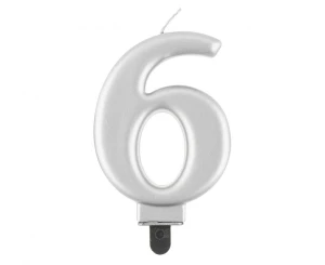 Świeczka Cyfra 6 metalik srebrna 8,0 cm