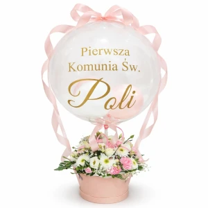 Box kwiatowy Pierwsza Komunia Święta z personalizacją różowy