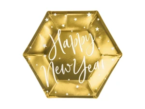 Talerzyki papierowe Sylwester Happy New Year złote 20 cm 6 szt.