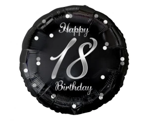 Balon foliowy 18 urodziny Happy 18 Birthday czarny nadruk srebrny 45 cm