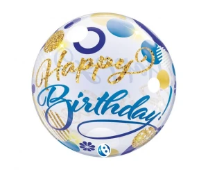 Balon Bubble Birthday Blue i Gold Dots 55 cm