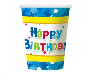 Kubeczki papierowe Happy Birthday niebieskie 270 ml 6 szt.