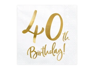 Serwetki papierowe 40 urodziny 40th Birthday białe 33 x 33 cm 20 szt.