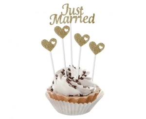 Pikery Ślub papierowe Just Married złote brokatowe 5 szt.