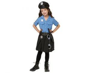 Zestaw dla dzieci Niebieska Policjantka (bluzka, spódnica, pasek, czapka, kajdanki, krótkofalówka, pałka), rozm. 110/120 cm