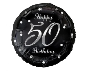 Balon foliowy 50 urodziny Happy 50 Birthday czarny nadruk srebrny 45 cm