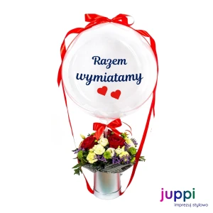BOX prezentowy: balon Bubble + kwiaty + napis (personalizacja)