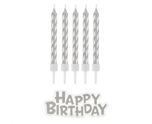 Świeczki urodzinowe Happy Birthday srebrne 16 szt.