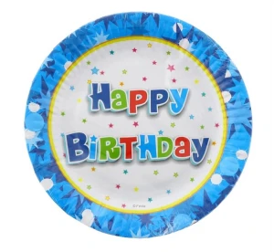 Talerzyki papierowe Happy Birthday niebieskie 18 cm 6 szt.