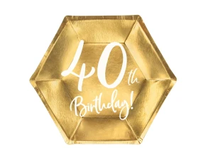 Talerzyki papierowe 40 urodziny 40th Birthday złote 20 cm 6 szt.
