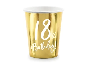 Kubeczki papierowe 18 urodziny 18th Birthday złote 220 ml 6 szt.
