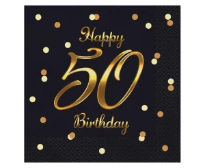 Serwetki B&C Happy 50 Birthday, czarne, nadruk złoty, certyfikat FSC, 33x33 cm/ 20 szt.