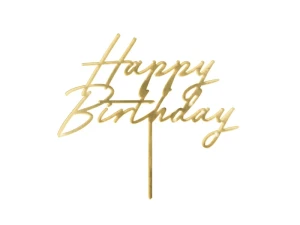 Topper akrylowy na tort Happy Birthday złoty 18 x 16,5 cm