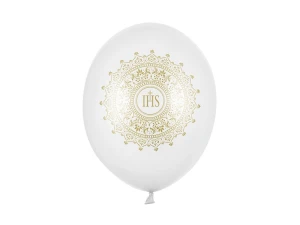 Balony lateksowe Pierwsza Komunia IHS metaliczne białe 30 cm
