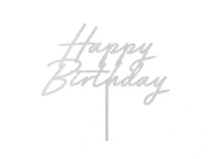 Topper akrylowy na tort Happy Birthday srebrny brokatowy 18 x 16,5 cm