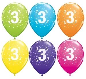 Balon QL 11" z nadr. "3", pastel mix tropikalny / 6 szt.