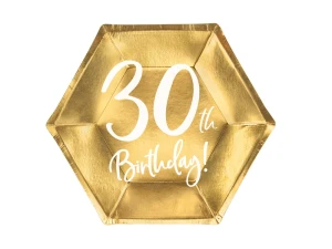 Talerzyki papierowe 30 urodziny 30th Birthday złote 20 cm 6 szt.