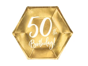 Talerzyki papierowe 50 urodziny 50th Birthday złote 20 cm 6 szt.