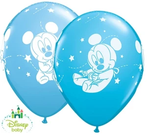 Balon QL 11" z nadr. "Baby Mickey Gwiazdki", pastel niebieski i błękitny