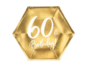 Talerzyki papierowe 60 urodziny 60th Birthday złote 20 cm 6 szt.