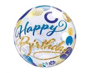 Balon Bubble Birthday Blue i Gold Dots 55 cm
