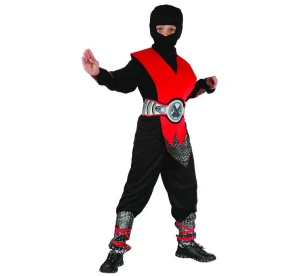 #LSC Zestaw Czerwony Ninja (koszula, kaptur, spodnie, ochraniacz, pas, ochraniacze na ręce i nogi), rozm. 110/120 cm