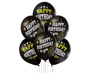 Balony lateksowe Happy Birthday czarne 29 cm 6 szt.