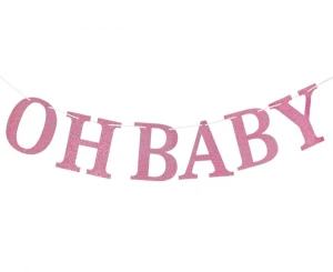 Girlanda papierowa Baby Shower brokatowa Oh Baby jasnoróżowa DIY 300 cm dekoracje na przyjęcie baby shower