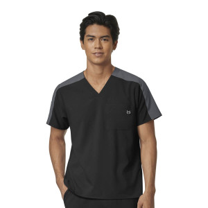 W123 Mens Colour Block Scrub Top (Clothing Size: S, Colours: Black / Pewter)
