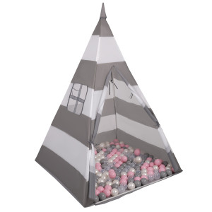 Dodatki damskie > test damska > Dodatki damskie > Tipi Spielzelt mit Bälle Indianerzelt für Kinder Kinderzimmer Zelt, grau-weißStreifen:perle/grau/transprent/puderrosa, 200 Bälle