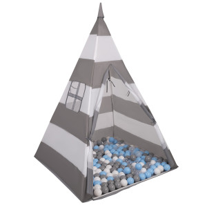 Dodatki damskie > test damska > Dodatki damskie > Tipi Spielzelt mit Bälle Indianerzelt für Kinder Kinderzimmer Zelt, grau-weiße Streifen:grau/weiß/transparent/babyblau, 100 Bälle