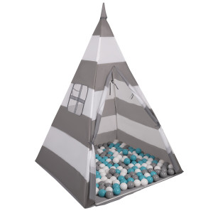 Dodatki damskie > test damska > Dodatki damskie > Tipi Spielzelt mit Bälle Indianerzelt für Kinder Kinderzimmer Zelt, grau-weiße Streifen:grau/weiß/türkis, 400 Bälle