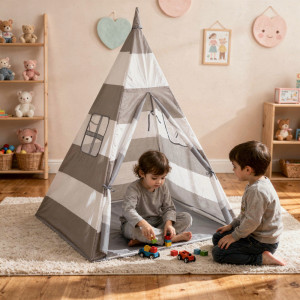 Dodatki damskie > test damska > Dodatki damskie > Tipi Spielzelt mit Bälle Indianerzelt für Kinder Kinderzimmer Zelt, grau-weiße Streifen, Keine Bälle
