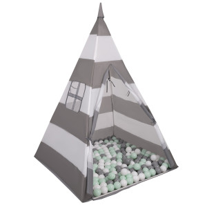 Dodatki damskie > test damska > Dodatki damskie > Tipi Spielzelt mit Bälle Indianerzelt für Kinder Kinderzimmer Zelt, grau-weiße Streifen:weiß/grau/mint, 200 Bälle