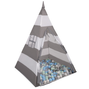 Dodatki damskie > test damska > Dodatki damskie > Tipi Spielzelt mit Bälle Indianerzelt für Kinder Kinderzimmer Zelt, grauweißStreifen:perle/grau/transparent/bblau/mint, 200 Bälle
