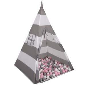 Dodatki damskie > test damska > Dodatki damskie > Tipi Spielzelt mit Bälle Indianerzelt für Kinder Kinderzimmer Zelt, grau-weiße Streifen:weiß/grau/puderrosa, 200 Bälle