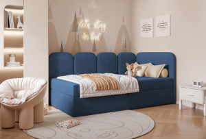 Dziecięce łóżko niebieskie tkanina baranek z pojemnikiem DREAMY