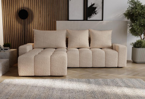 Designerski pikowany narożnik w beżowym odcieniu z funkcją spania COCO