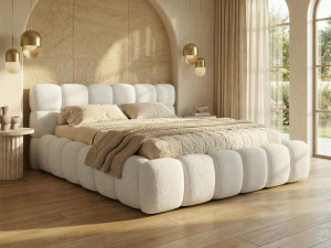 Białe zaokrąglone łóżko w tkaninie boucle BUBBLE III