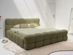 Designerskie łóżko w oliwkowym odcieniu tkaniny boucle DALIA