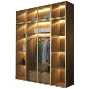 Duża szafa 200 cm przeszklona z LED dąb artisan ze złotą ramą STELLO