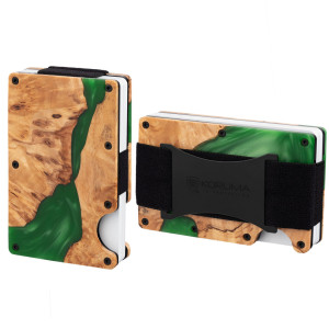 Hliníkové pouzdro s gumičkou pro bezkontaktní karty RFID (dřevo + zelená pryskyřice) - KUK-115WDGREEN