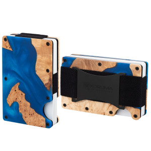 Hliníkové pouzdro s gumičkou pro bezkontaktní karty RFID (dřevo + modrá pryskyřice) - KUK-115WDBLUE
