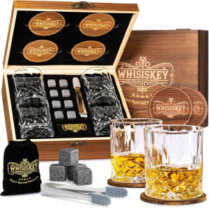 Zestaw do whisky WHISISKEY – 4 szklanki, 8 kamieni, pudełko prezentowe