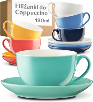 ZESTAW 6 FILIŻANEK CAPPUCCINO 180ML CERAMIKA KOLOROWE SPODKI PUDEŁKO